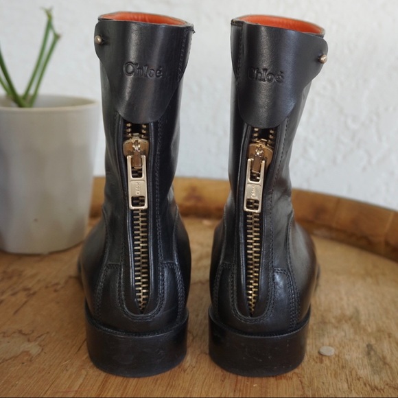 CHLOE Leather Boots, combat style with zipper calf height orange lining sz 37.5 - Picture 12 of 16